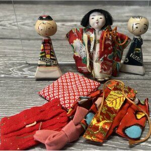 Vintage Kokeshi Dolls 2 Erasers and 1 Girl Doll with Clothes Made in Japan